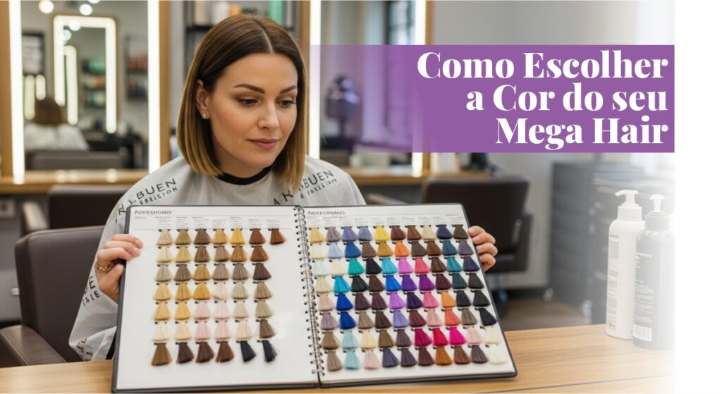 Mulher no salão de beleza pronta para colocação de mega hair, buscando alongamento e volume capilar.