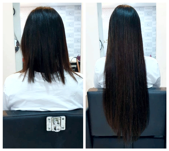 Antes e Depois mega hair de fita adesiva 65cm castanho escuro.
