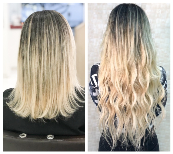 Antes e depois mega hair fita adesiva Cia da Mulher loiro esfumado
