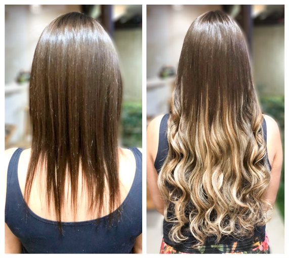 Antes e depois mega hair fita adesiva Cia da Mulher loiro mechado efeito ombre