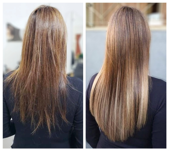 Antes e Depois de mega hair de fita adesiva para efeito mechado e ombre.