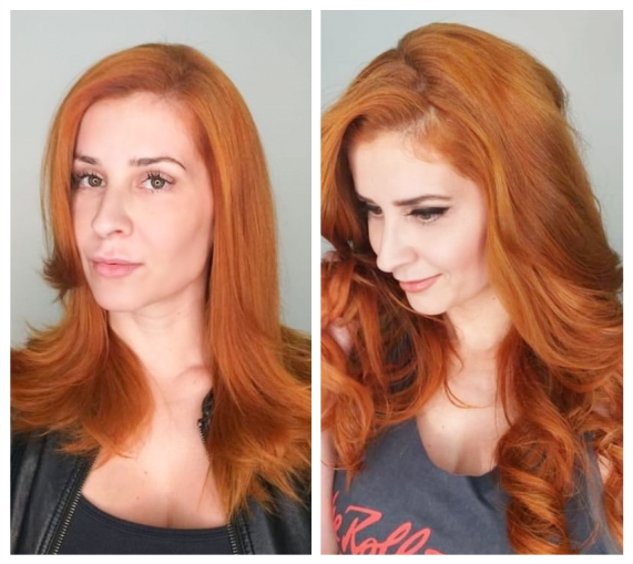 Antes e depois mega hair fita adesiva Cia da Mulher ruivo
