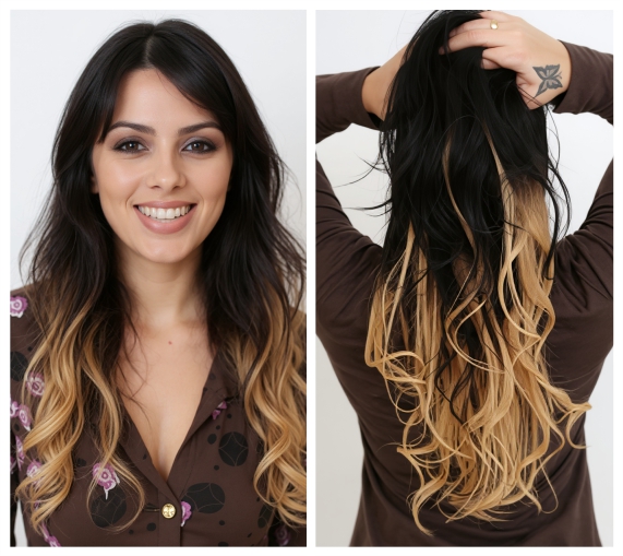 Mulher com mega hair ondulado castanho e apliques underlayer loiros, criando um efeito morena iluminada com volume e contraste para um visual moderno.