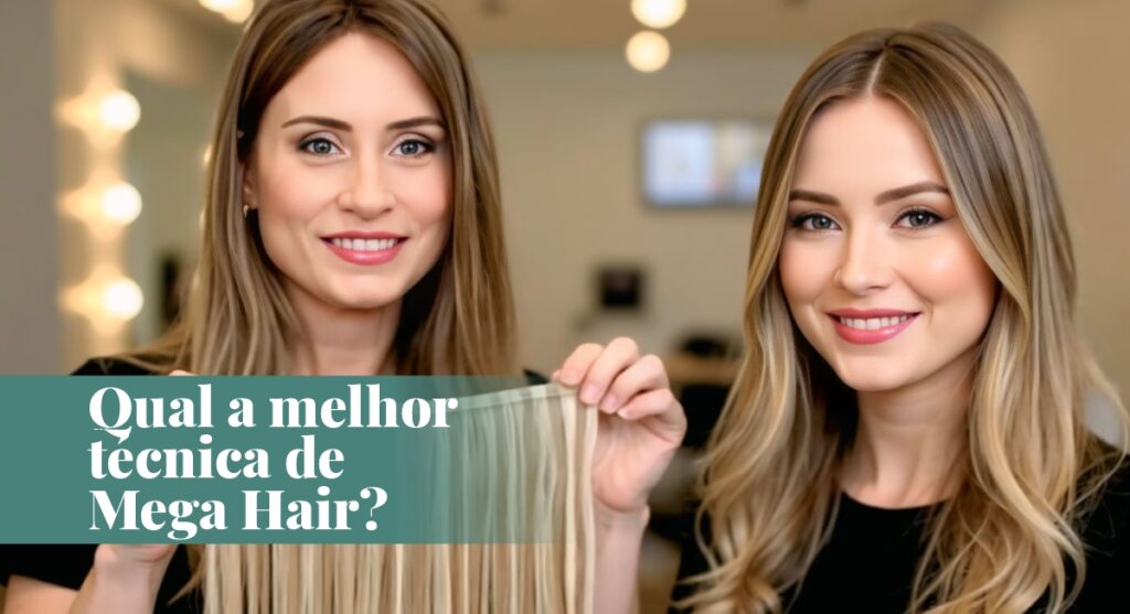 Melhor técnica de mega hair: Duas mulheres sorridentes exibem extensões loiras de fita adesiva para aplicação natural