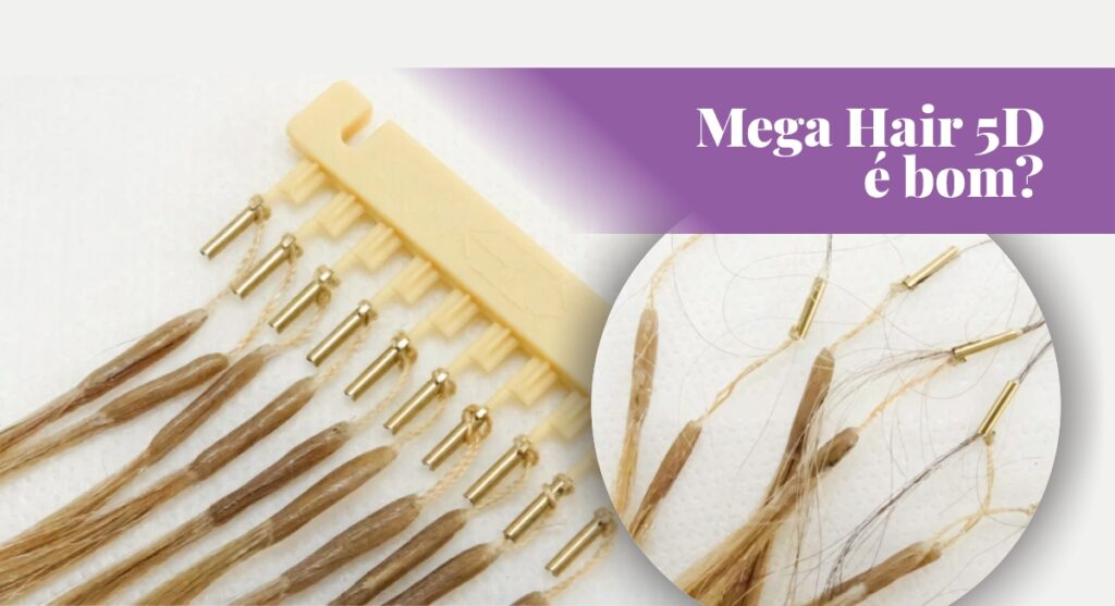 Mega Hair 5D: Imagem detalhada do alongamento capilar com mechas loiras em aplicação e fixação com anéis metálicos no cabelo natural. Pergunta 'Mega Hair 5D é bom?' para busca de avaliação e resenha.