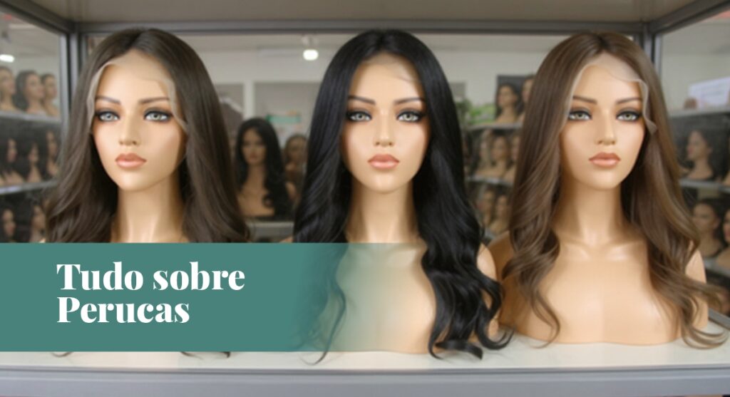 Perucas femininas lace front de cabelo longo e ondulado em manequins, mostrando modelos nas cores castanho escuro, preto e castanho claro. Imagem ilustrativa para o guia "Tudo sobre Perucas", com foco em variedade e estilos.