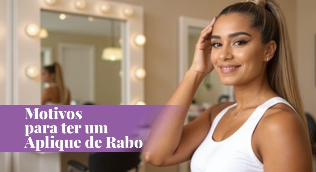 Mulher sorridente com cabelo loiro preso em um rabo de cavalo alto e vestindo um top branco, em pé na frente de um espelho de maquiagem com luzes. Ela está tocando a testa com uma das mãos. Um texto em uma sobreposição roxa em primeiro plano lê "Motivos para ter um Aplique de Rabo".
