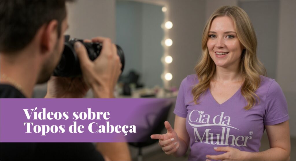 Uma mulher loira de cabelo comprido, vestindo uma camiseta roxa com o logotipo "Cia da Mulher", sorri e gesticula enquanto é filmada por um homem com uma câmera. Há um espelho de camarim ao fundo e uma faixa roxa com os dizeres "Vídeos sobre Topos de Cabeça".