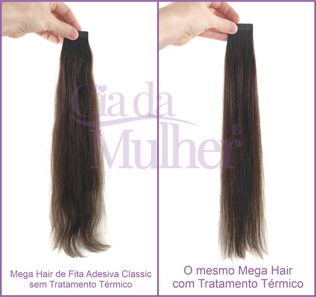 Antes e Depois do Tratamento Térmico no Mega Hair de Fita Adesiva de Linha Classic.