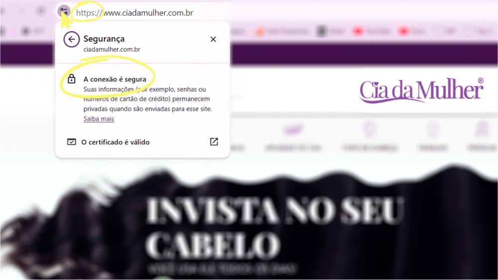 Screenshot do site Cia da Mulher com conexão segura, destacando o banner "Invista no seu cabelo" e a marca de mega hair.