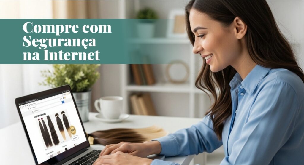 Mulher sorrindo comprando mega hair e apliques de cabelo natural Megaplik online no e-commerce Cia da Mulher com segurança.