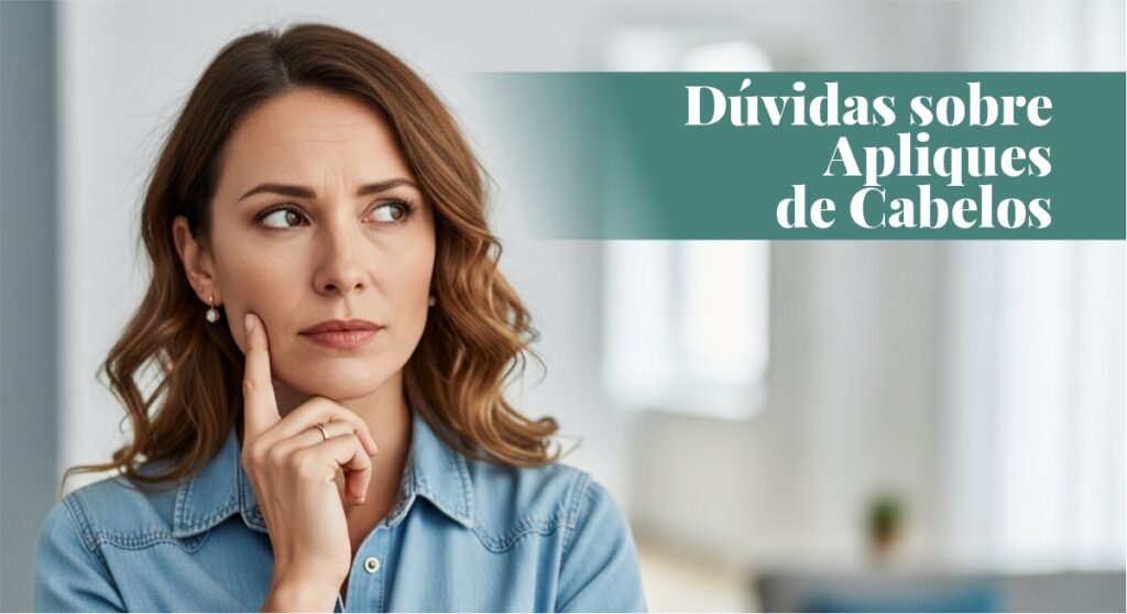 Close-up de uma mulher com cabelos castanhos ondulados, vestindo uma camisa jeans, com expressão pensativa e a mão no queixo, olhando para o lado. No canto superior direito, um banner verde exibe o título "Dúvidas sobre Apliques de Cabelos".
