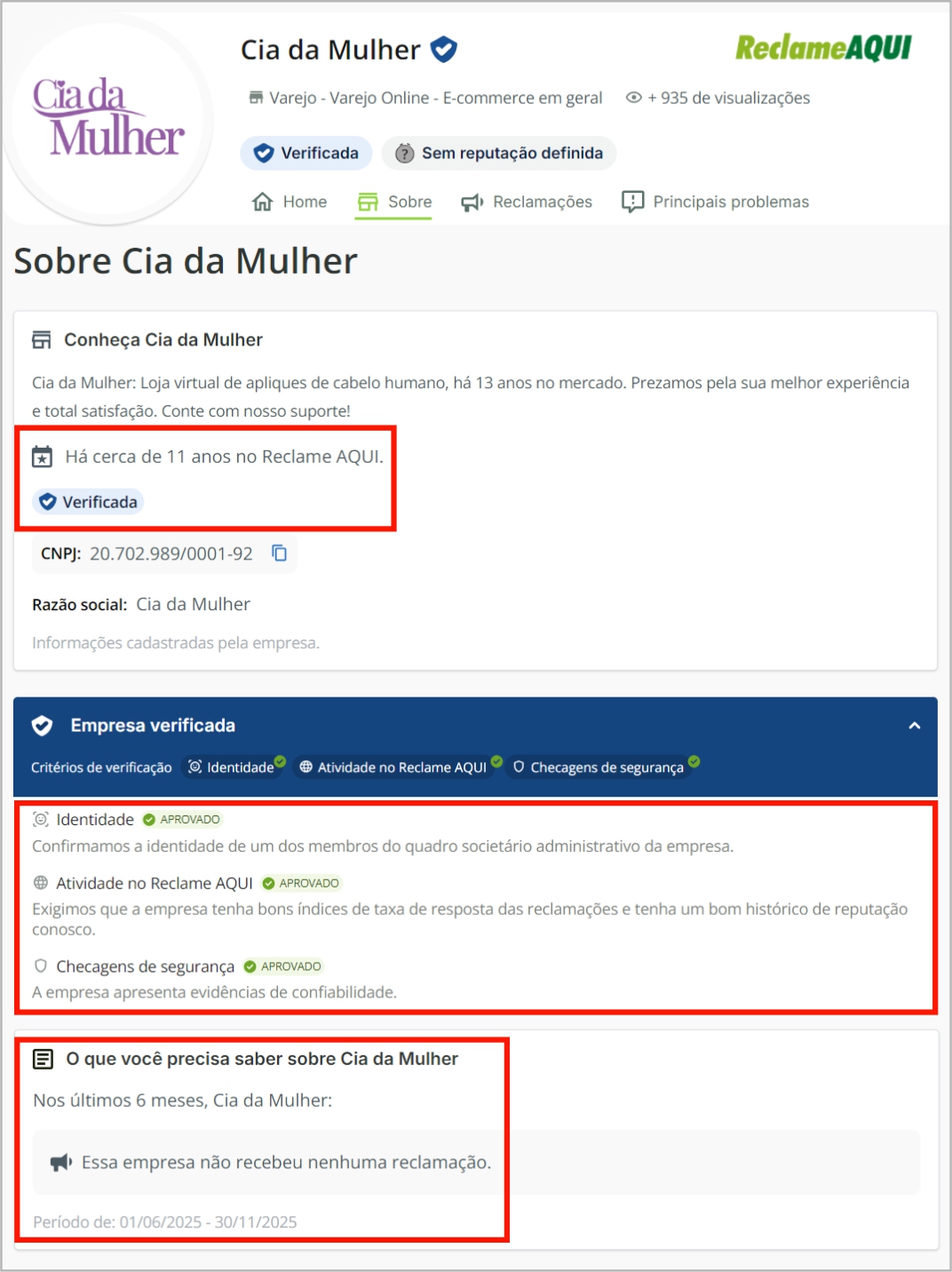 Loja Cia da Mulher é verificada no Reclame Aqui.