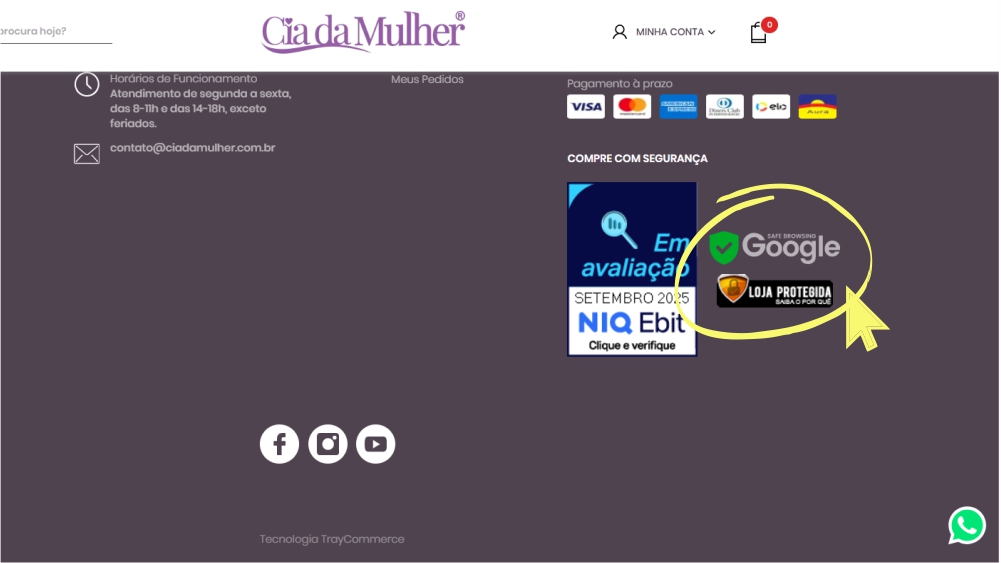 Rodapé do site Cia da Mulher, exibindo opções de pagamento parcelado e selos de segurança para compra online de mega hair e apliques.