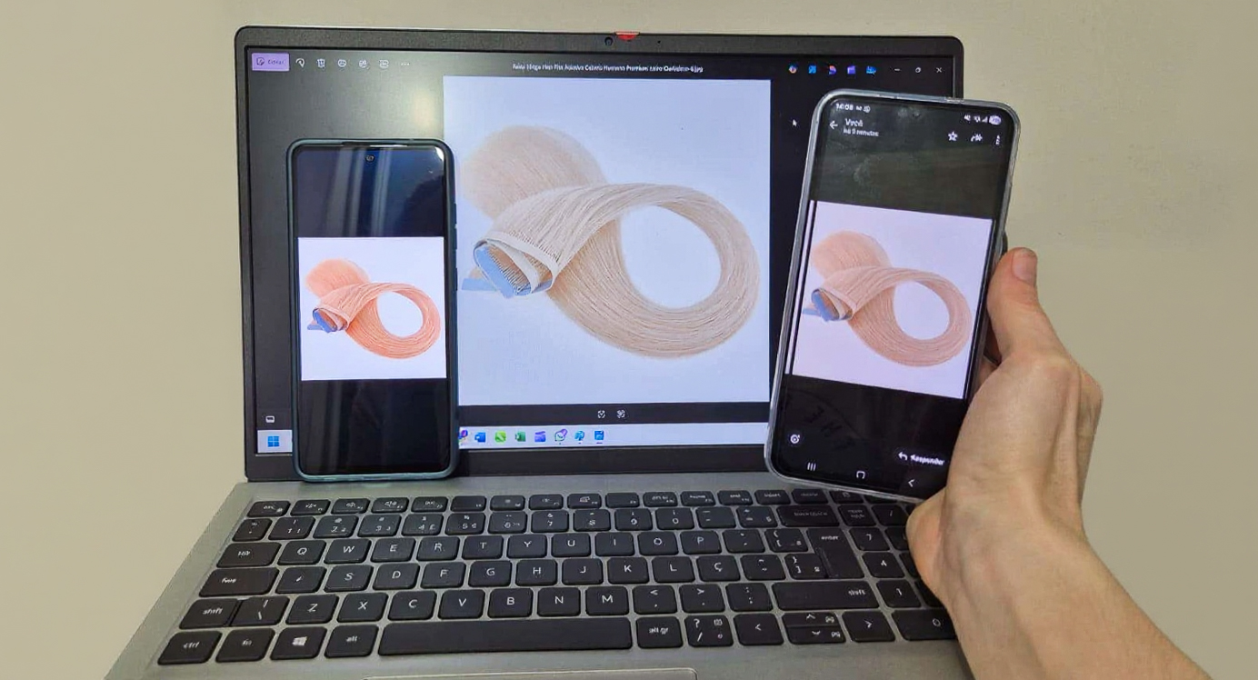 Imagem compara exibição de cores de um mega hair de fita adesiva loiro em tela de laptop (tons mais frios) e smartphone (tons mais quentes/rosados).